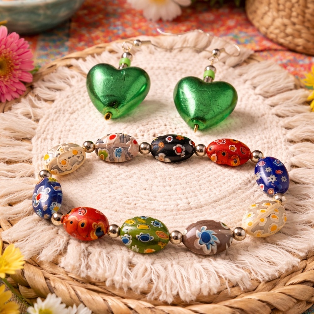 Colorful glass millefiori Beaded Bracelet and Green glass Heart Earrings Set